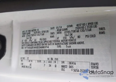 2014 Ford Econoline E250 Van from USA, damaged, VIN 1FTNS2EW0EDA98374